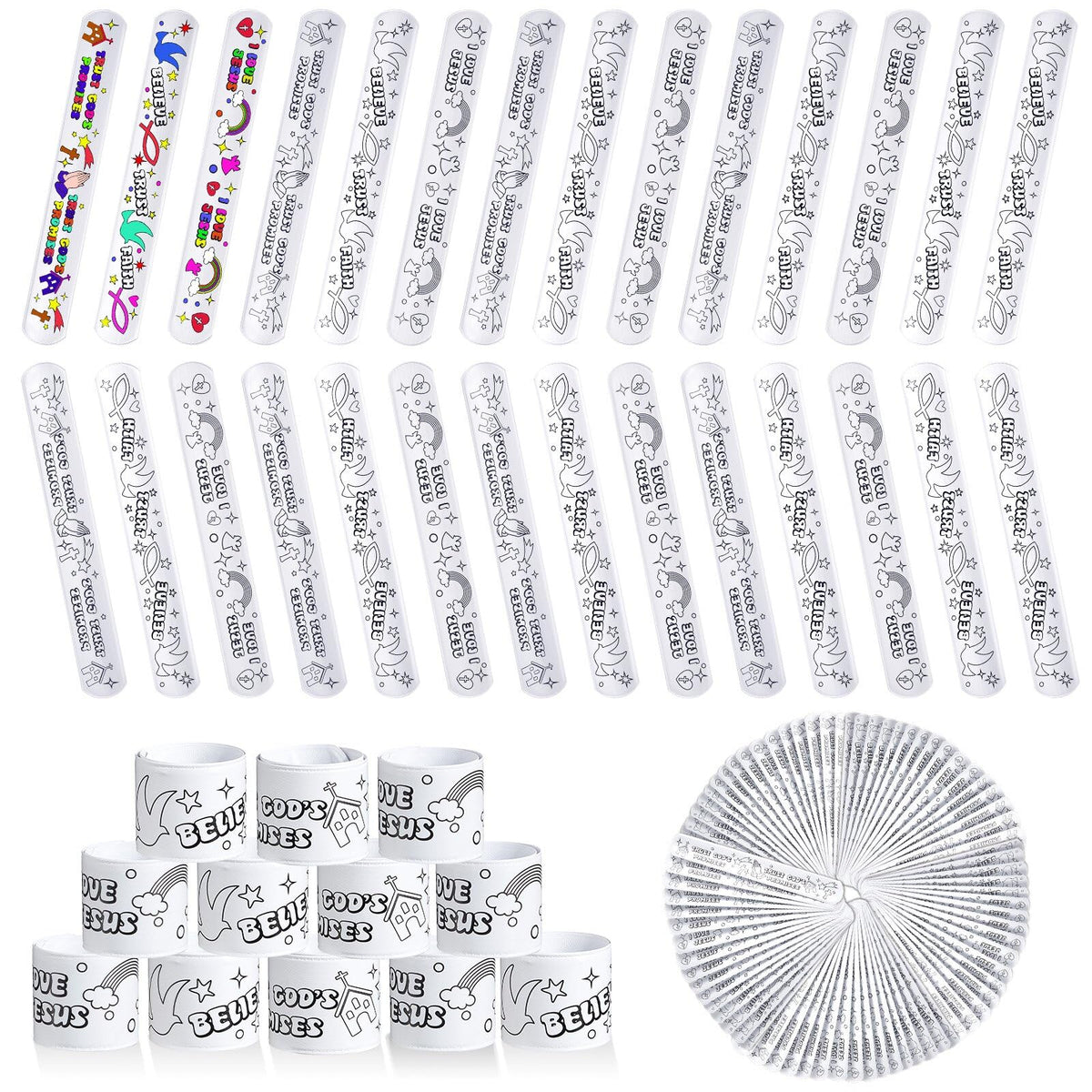 Deekin 72-pc color-your-own faith slap bracelets package for DIY crafts.