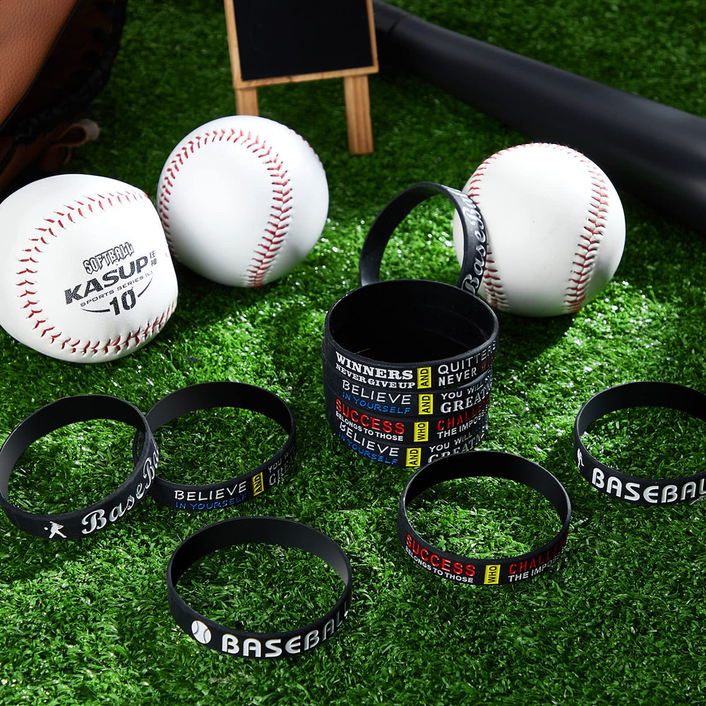 Deekin baseball wristband with inspirational quotes, close-up showing baseball pattern