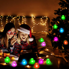 Deekin glow-in-the-dark ducks illuminate tables for birthdays.