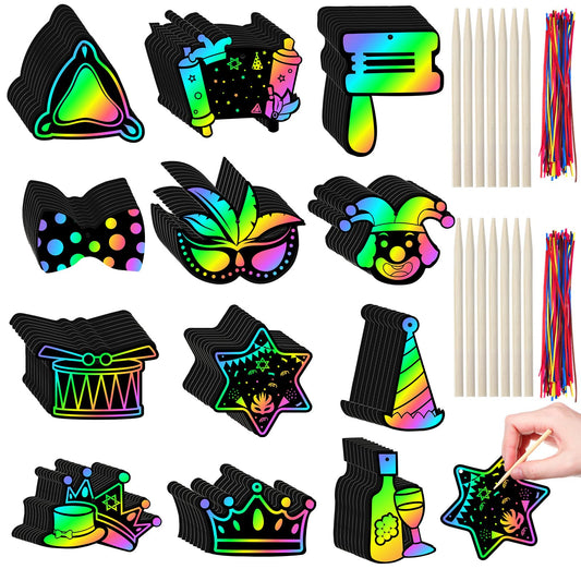 Deekin Purim scratch cards overview with 120 cards and 60 sticks for DIY art.