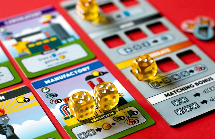 Deep Water Games' Fantastic Factories: chunky double-layer boards for dice placement.