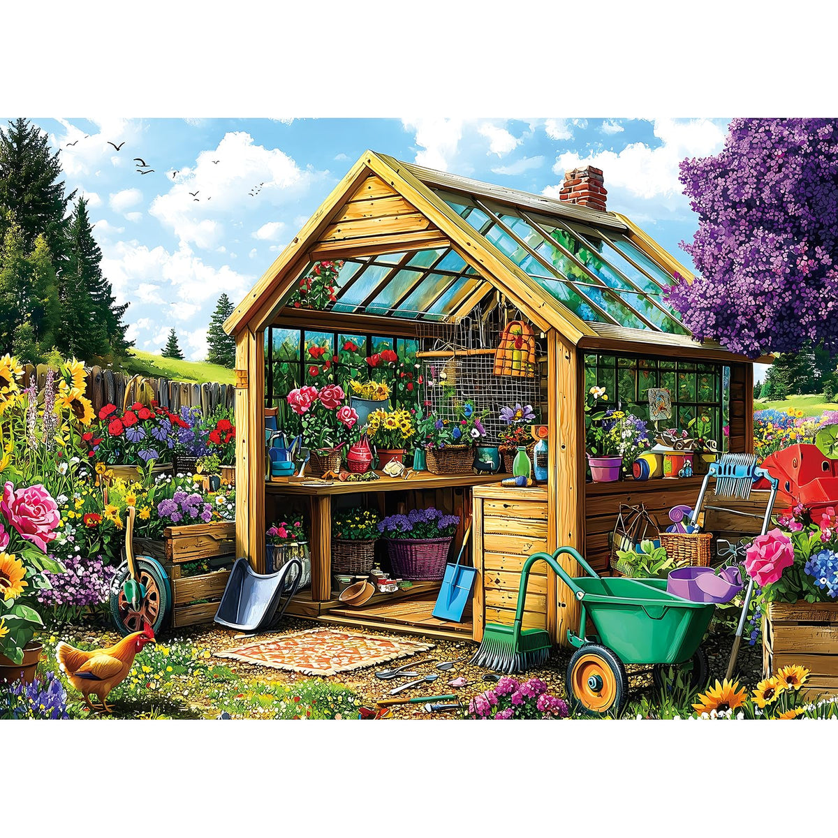Deepcom 1000-piece garden shed greenhouse puzzle with a bright floral scene for mindful focus