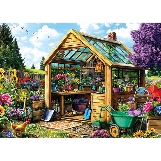 Deepcom 1000-piece garden shed greenhouse puzzle with a bright floral scene for mindful focus