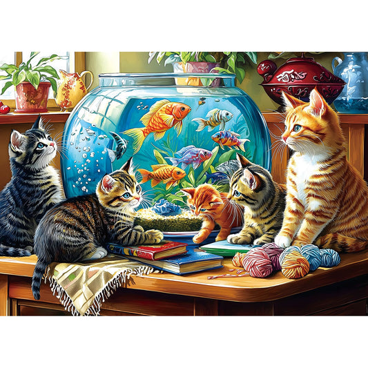 Deepcom cat jigsaw puzzle with kittens and goldfish bowl, ideal for calm, focused puzzle times