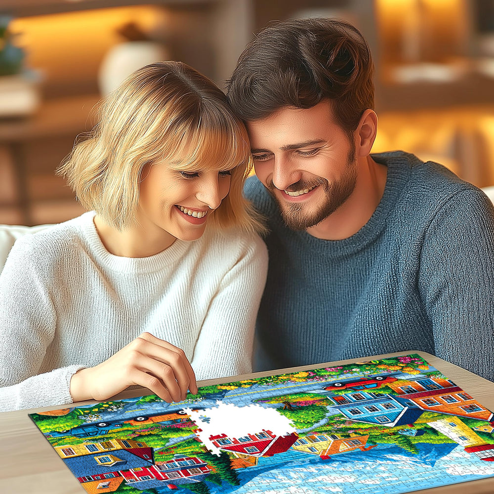 Deepcom framed-ready coastal landscape puzzle ready to display after completion.