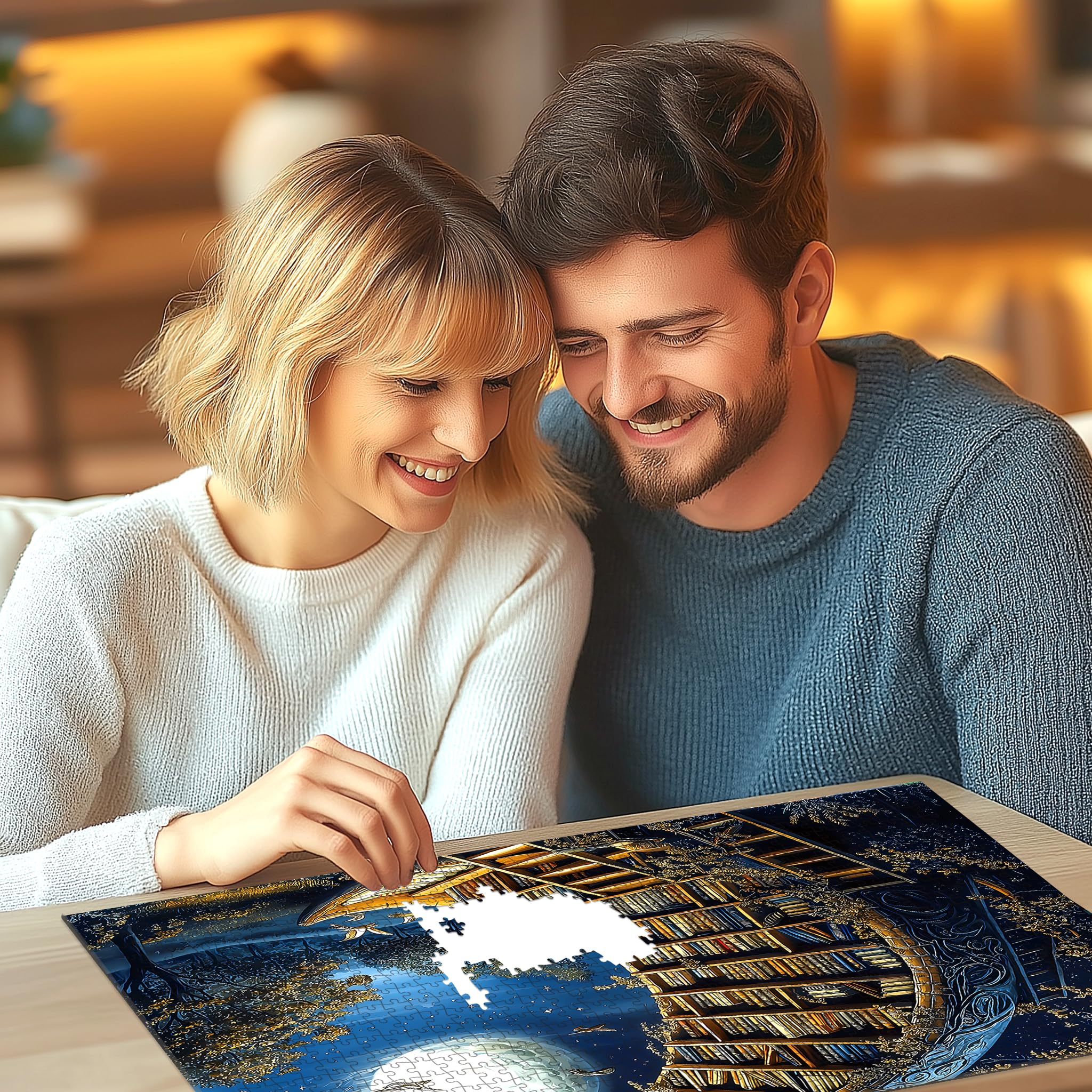 Deepcom Moonlit Book Haven puzzle finished display suggests elegant wall decor.