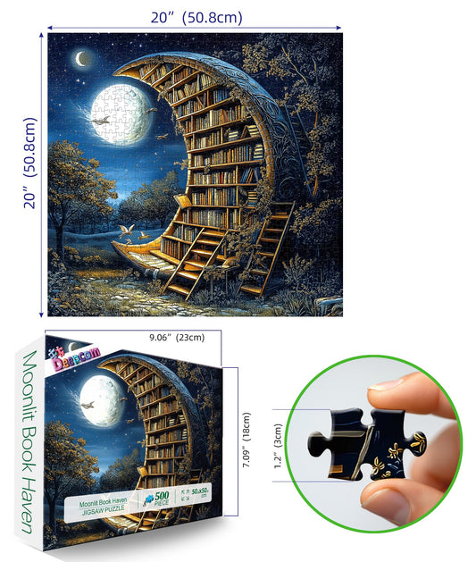 Deepcom Moonlit Book Haven night library scene invites calming, immersive puzzle sessions.
