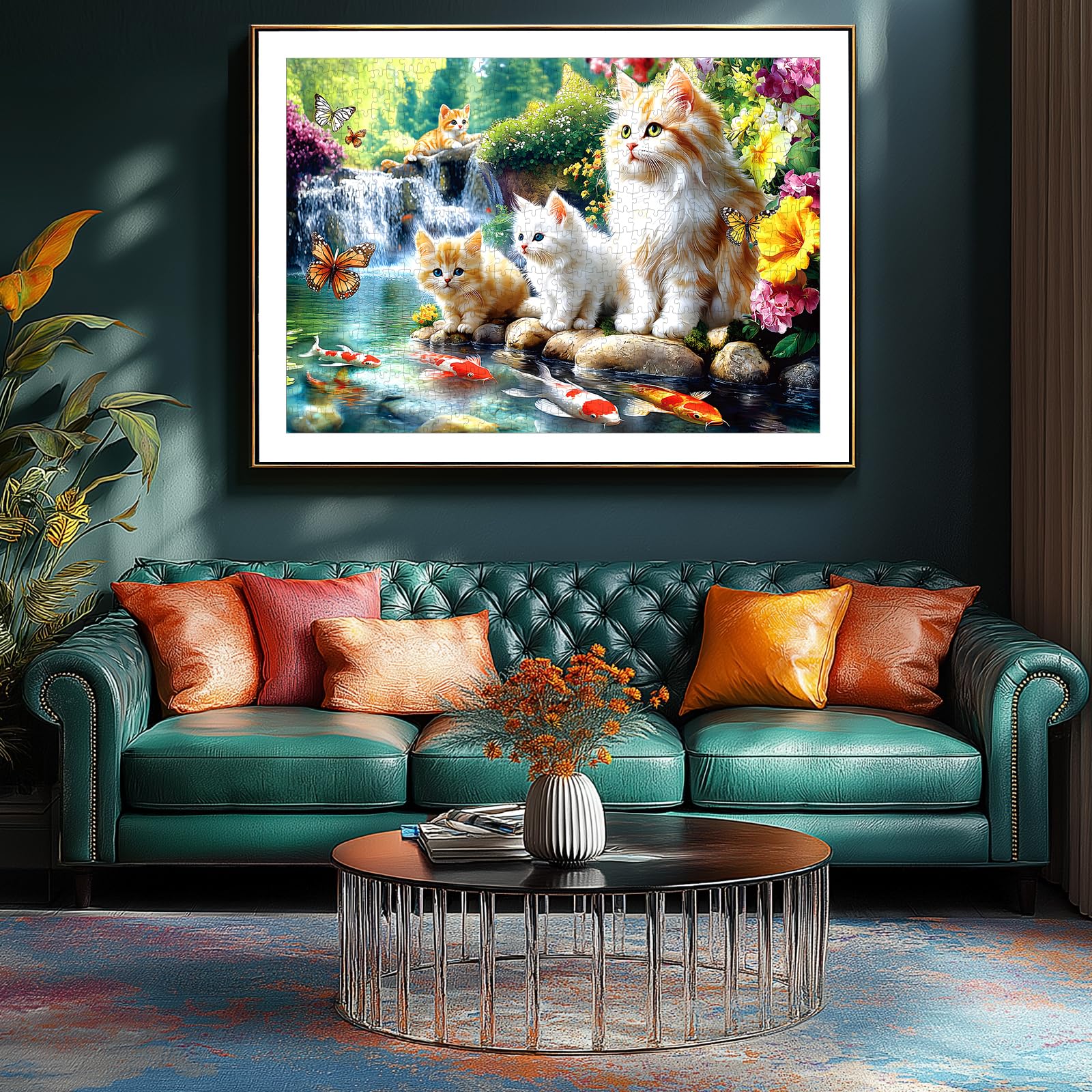 Finished Deepcom Serene Cat Garden puzzle doubles as decorative wall art.