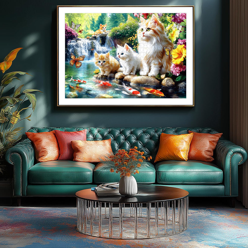 Finished Deepcom Serene Cat Garden puzzle doubles as decorative wall art.