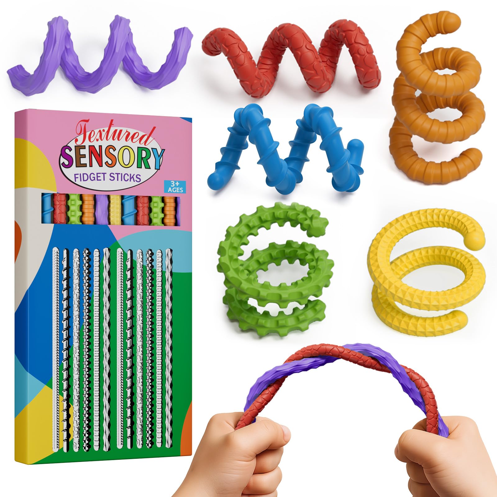 DEFXIER flexible sensory fidget sticks showing twisting and bending for calm focus.