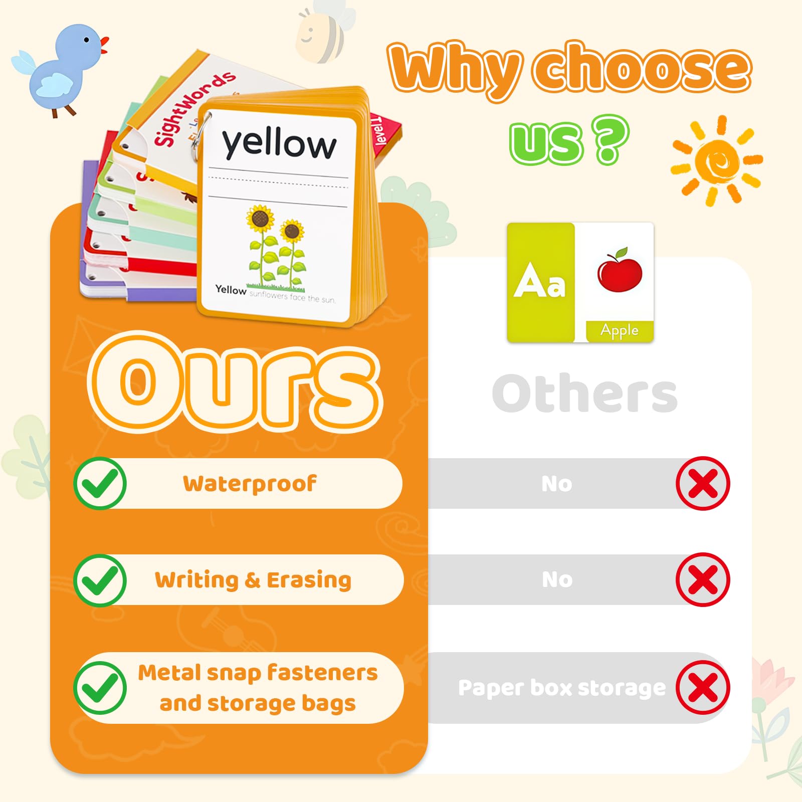 Colorful illustrated flash cards with examples to aid memory through visuals