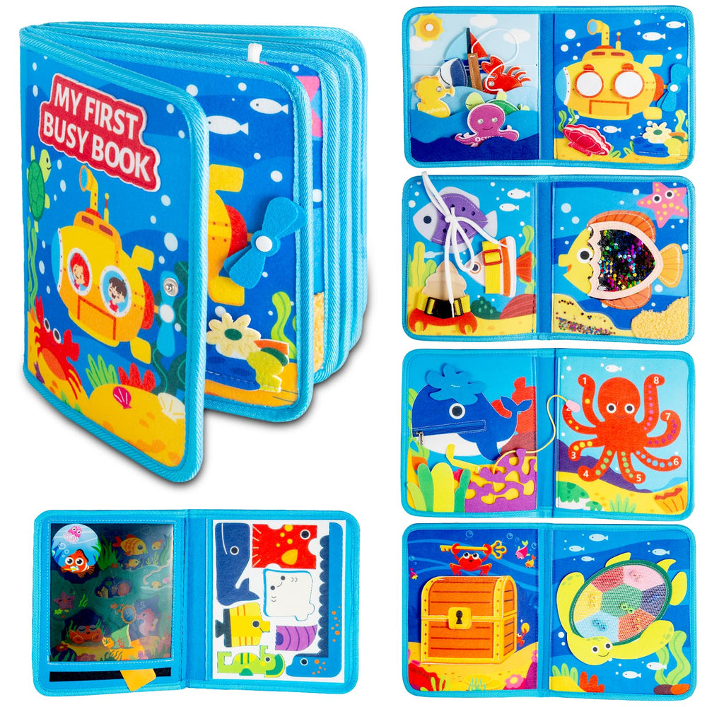 DEGIDEGI Montessori Busy Book Deep Sea cover, soft portable learning companion for calm travel.
