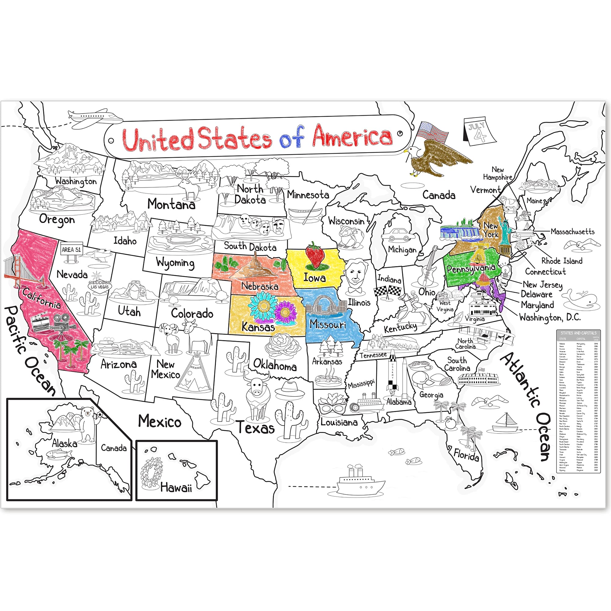 Dekali Designs US map coloring poster shows a giant 52x35 inch map for interactive learning.