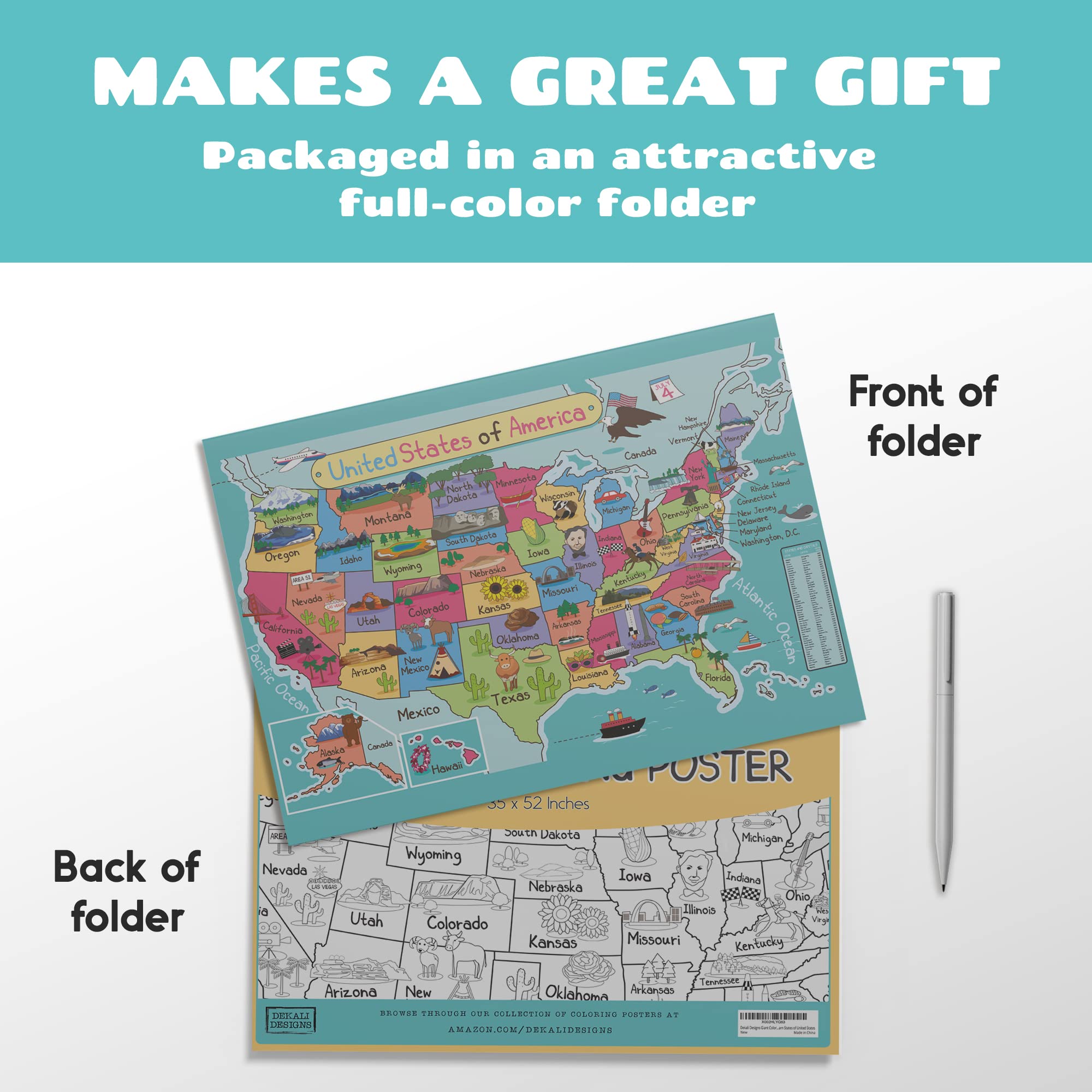 Dekali Designs US map poster with front folder featuring a 13x17 inch map for reference.