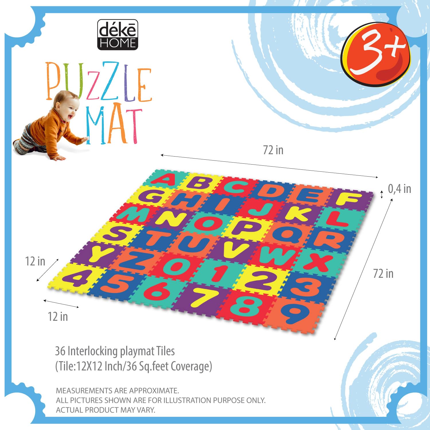 Deke Home alphabet foam play mat tile with numbers for counting practice on soft flooring.