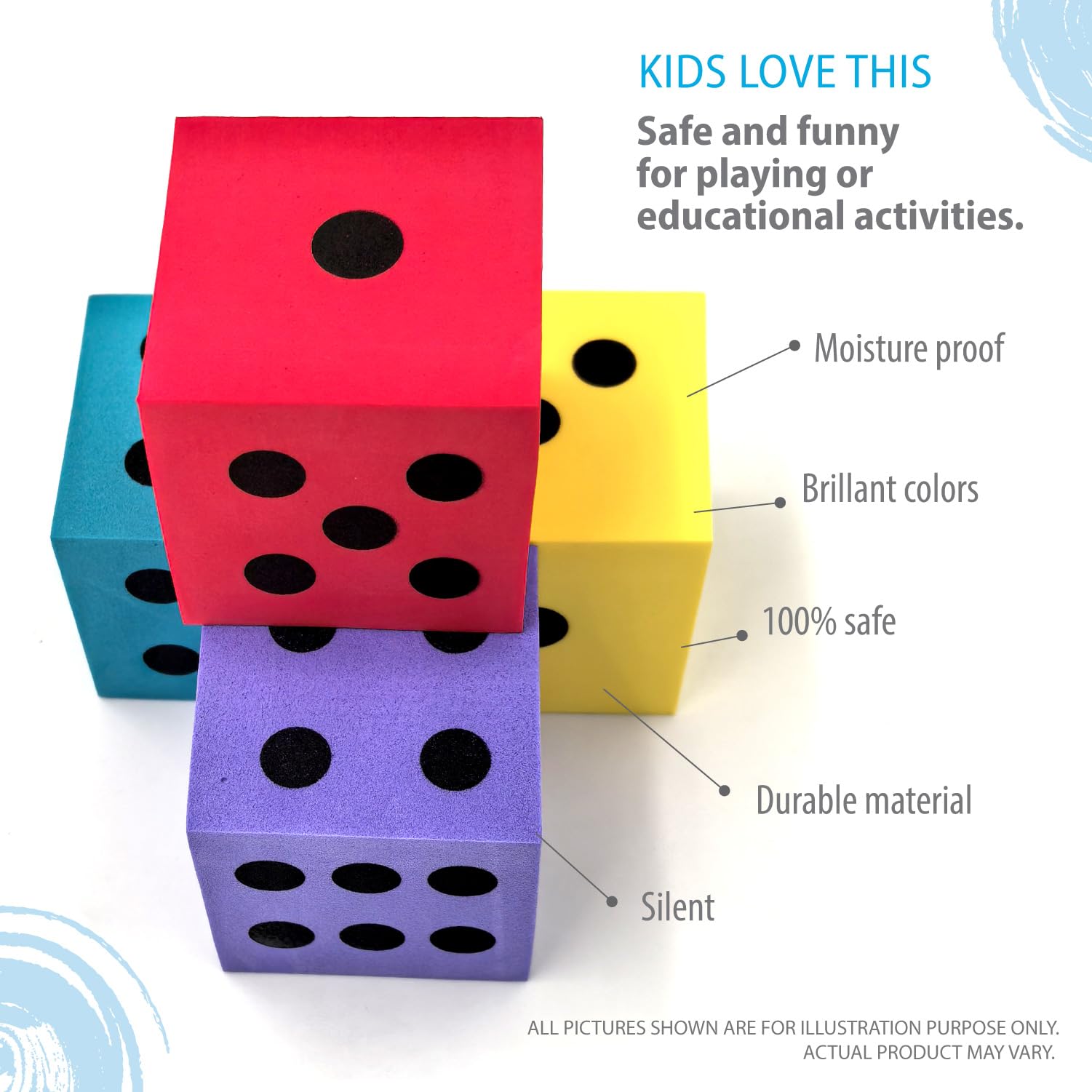 Durable foam dice withstand classroom use without heavy noise.