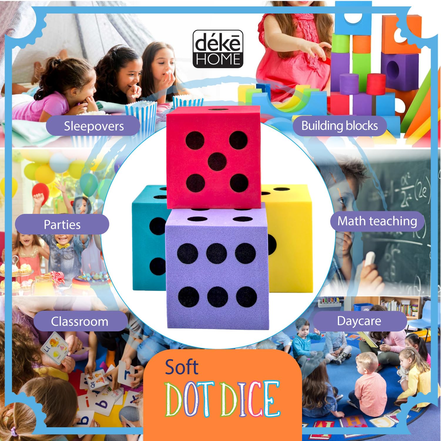Bright foam dice in assorted colors for engaging visual learning activities.