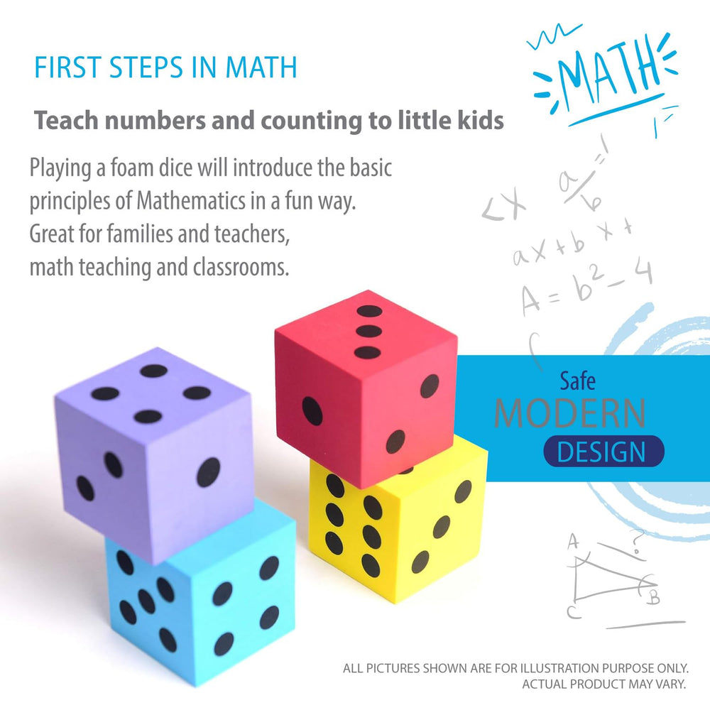 Large dice support number recognition and fine motor skills during play.