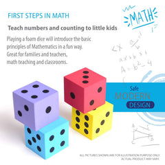 Large dice support number recognition and fine motor skills during play.