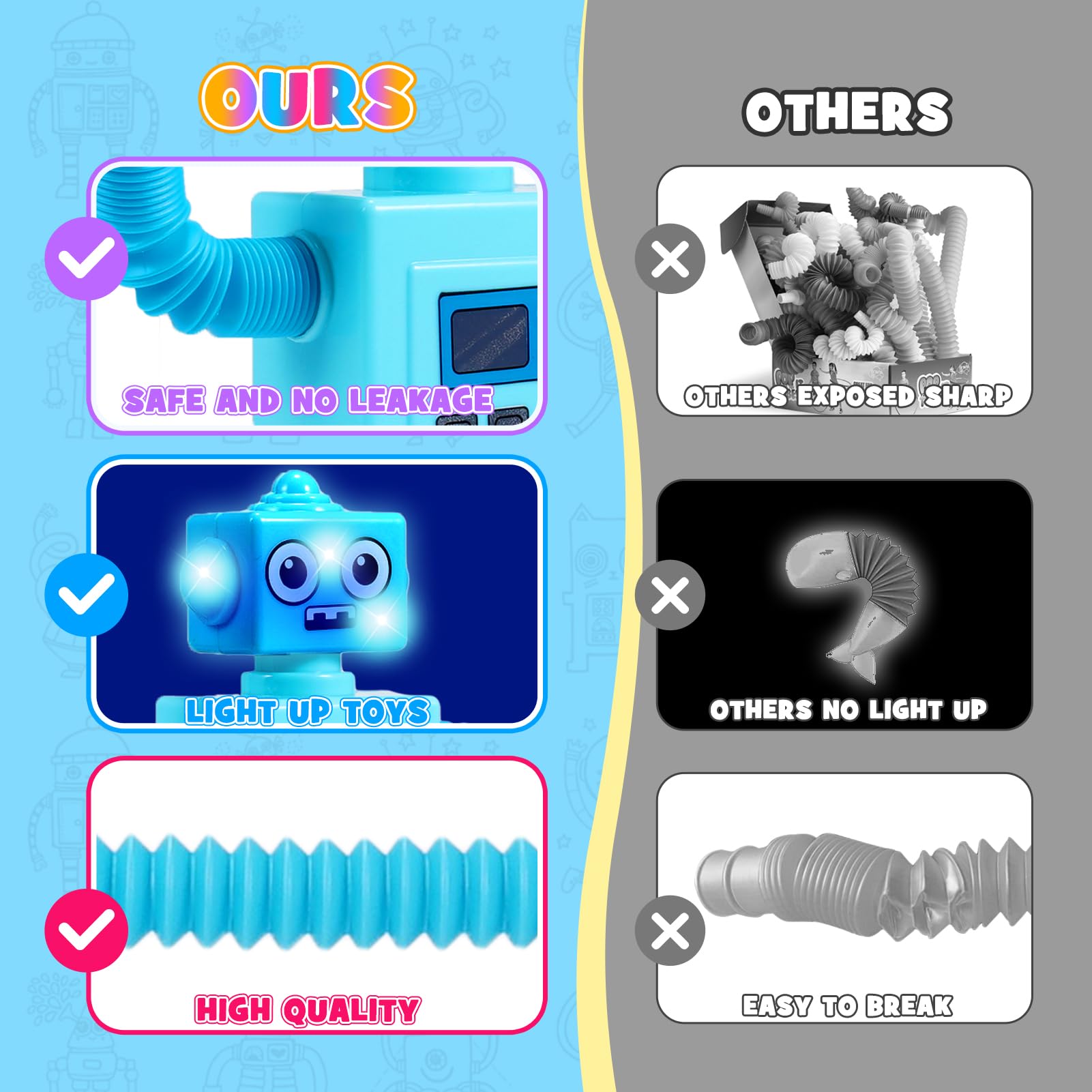 Delighkidz LED pop tubes glow during play, adding visual excitement.