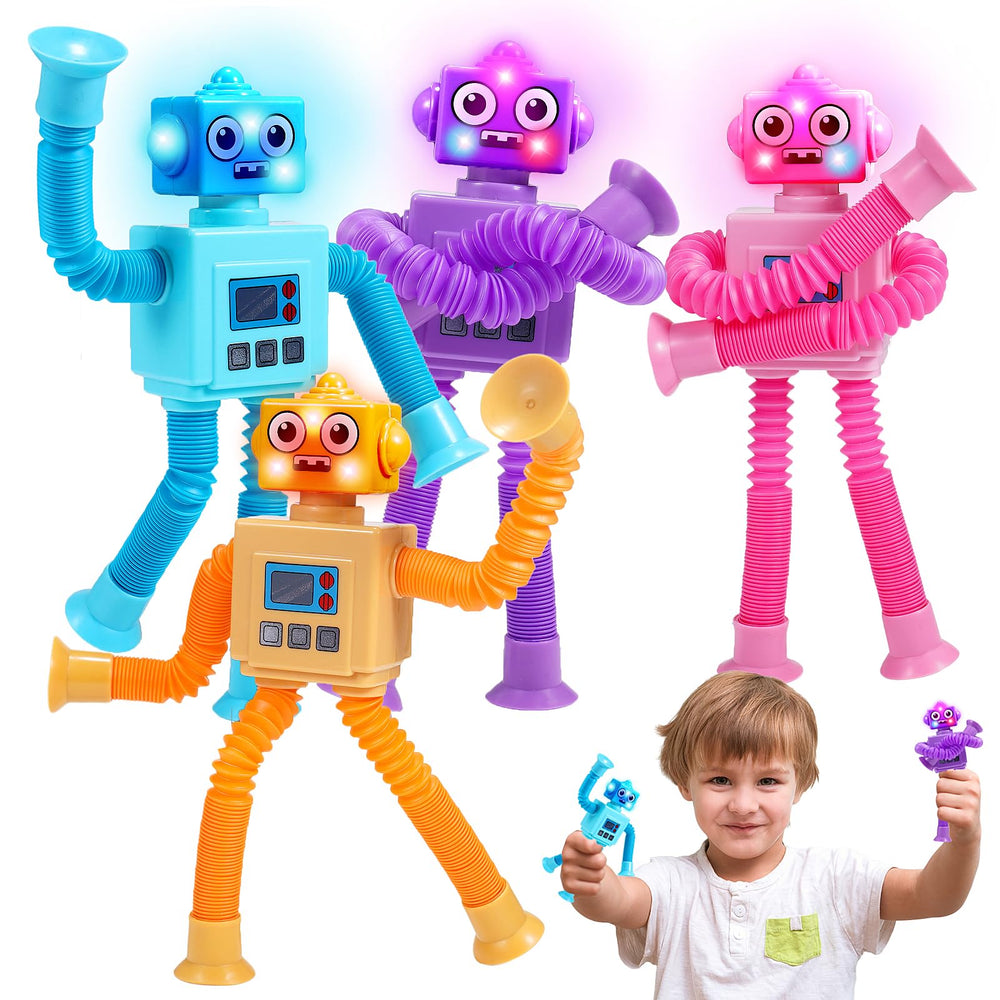 Delighkidz robot pop tubes 4-pack with LED lights for interactive play.