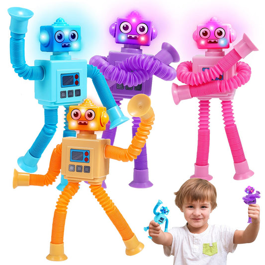 Delighkidz robot pop tubes 4-pack with LED lights for interactive play.