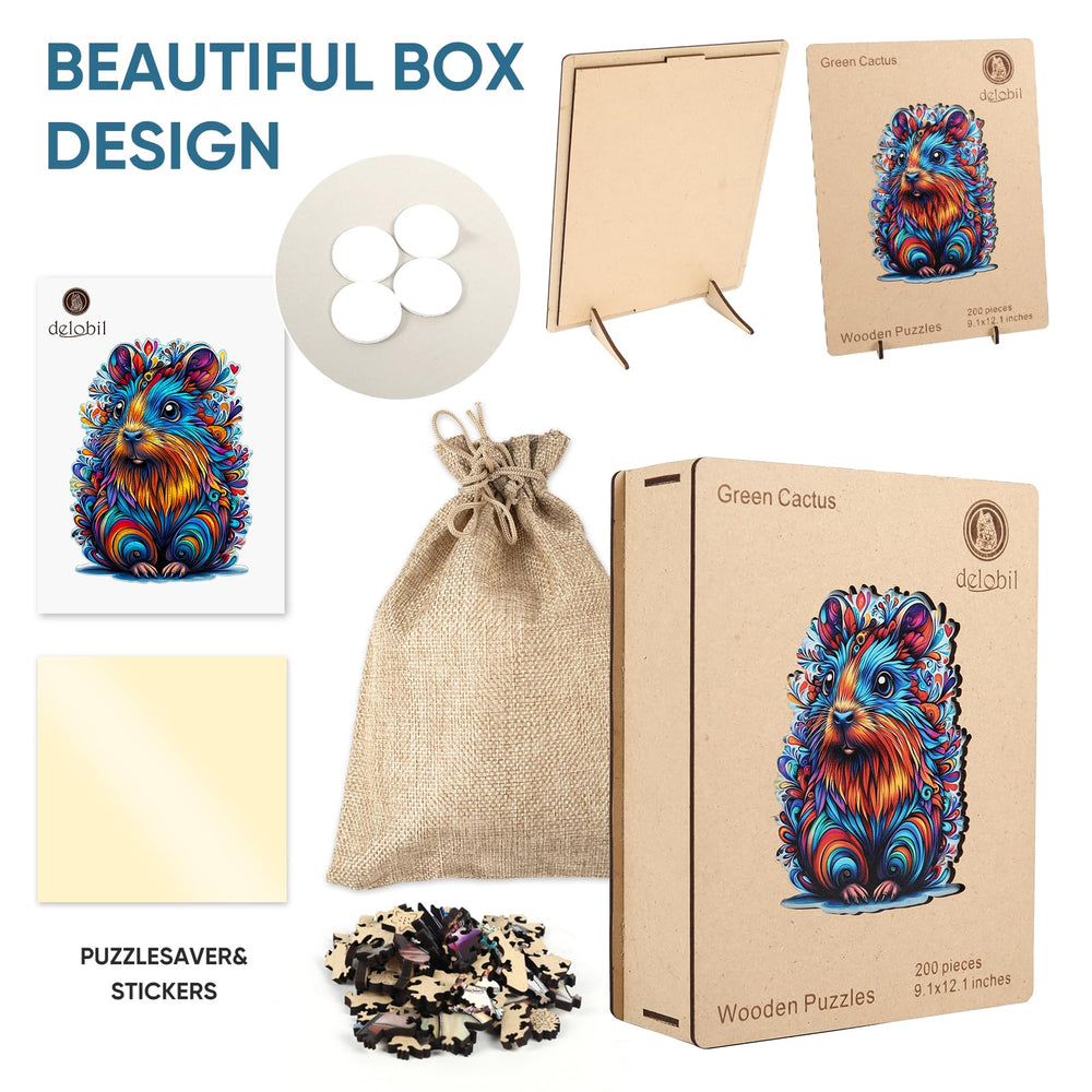 Delobil Capybara Puzzle storage bag and wooden box keeps pieces organized.