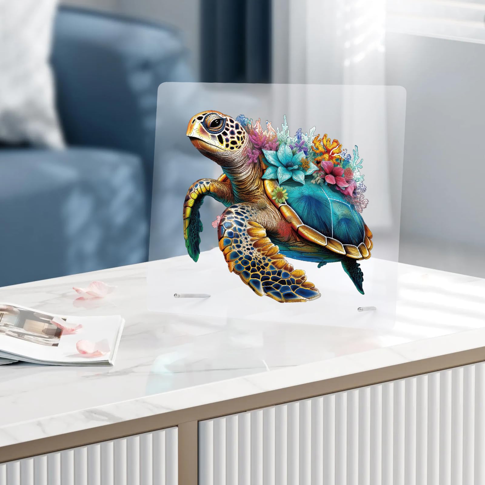 Delobil wooden puzzle features coral turtle artwork for focused problem solving.