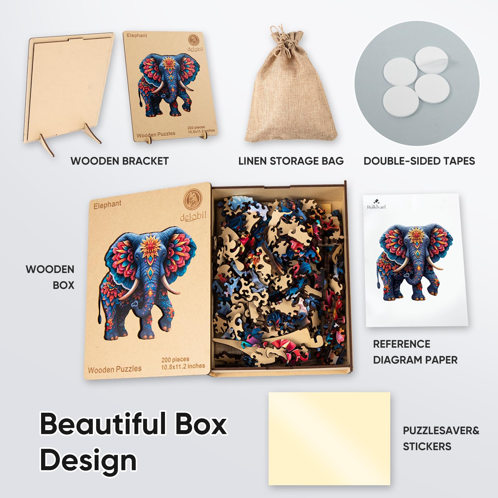 Delobil Elephant wooden box keeps pieces secure and organized.