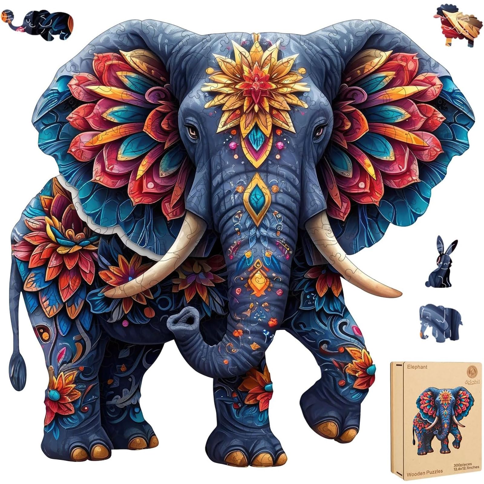 Delobil Elephant puzzle in wooden box showing durable natural wood craftsmanship.