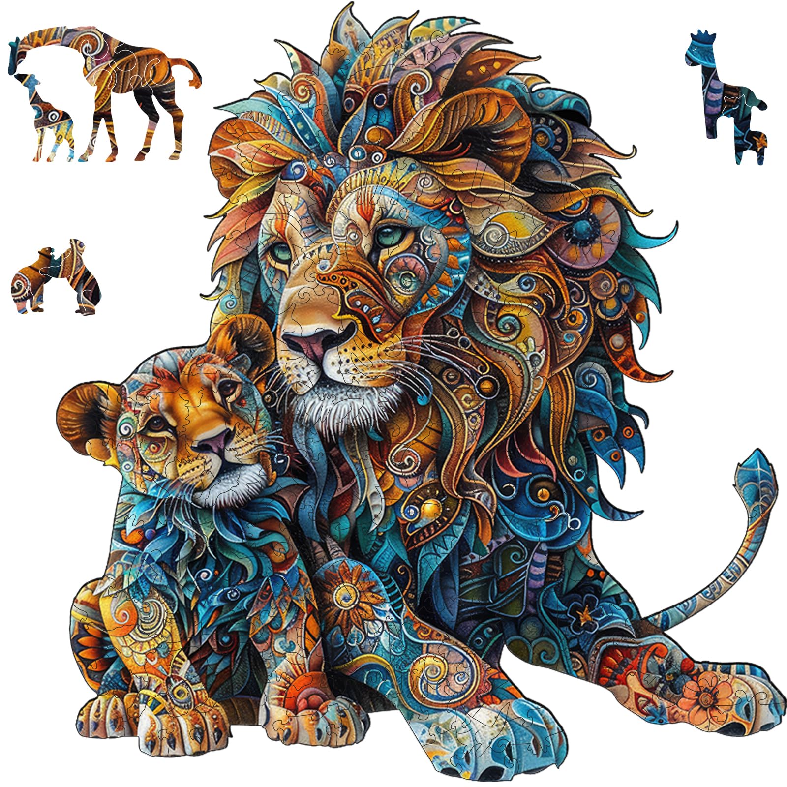 Delobil Lion Family wooden puzzle front view, vibrant family scene for bonding