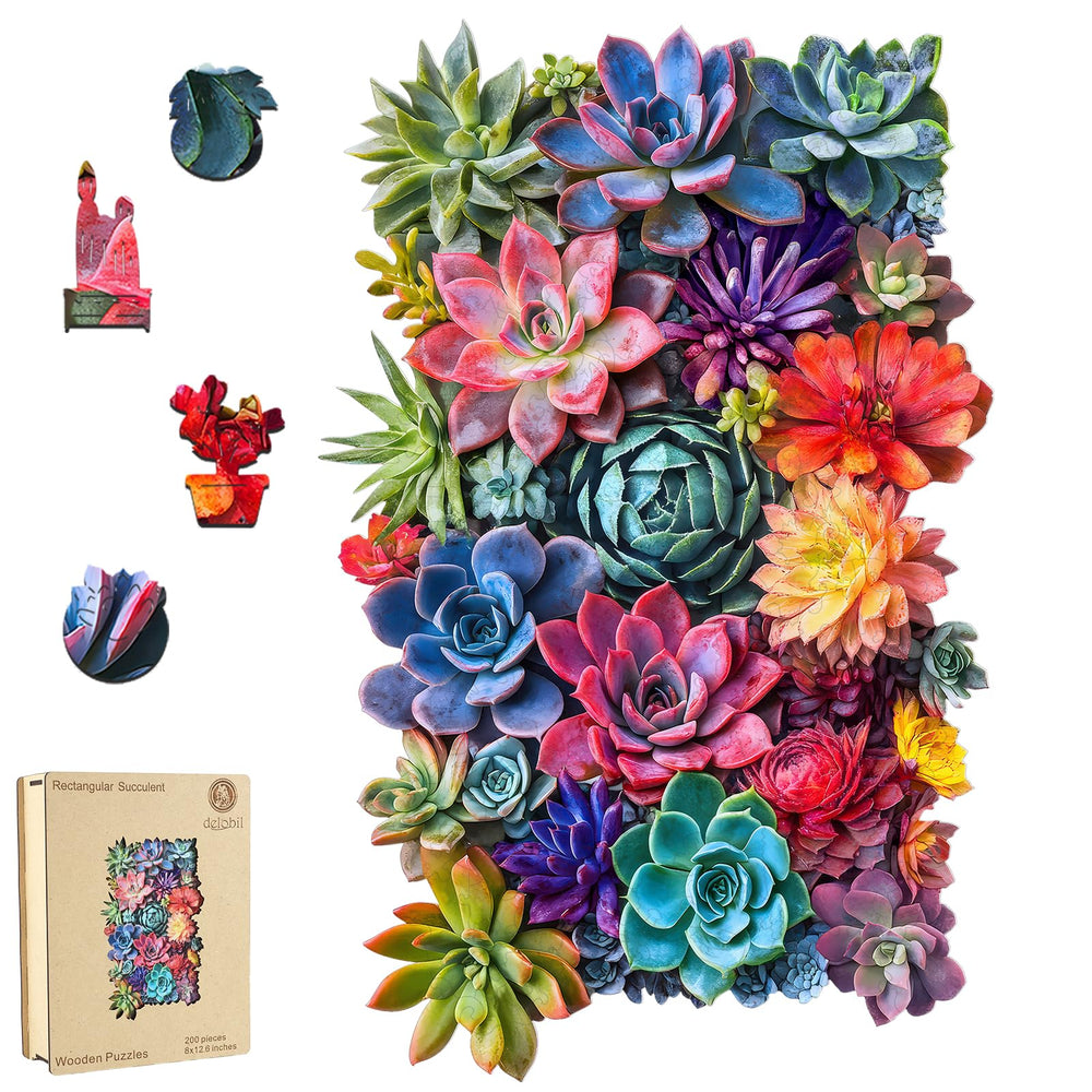 Delobil rectangular succulent puzzle on wooden box highlights elegant gift-ready packaging.
