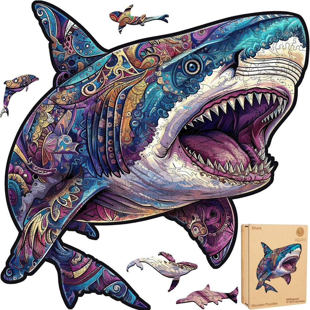Delobil shark puzzle in wooden box offers a unique 500-piece ocean-themed challenge for family nights.