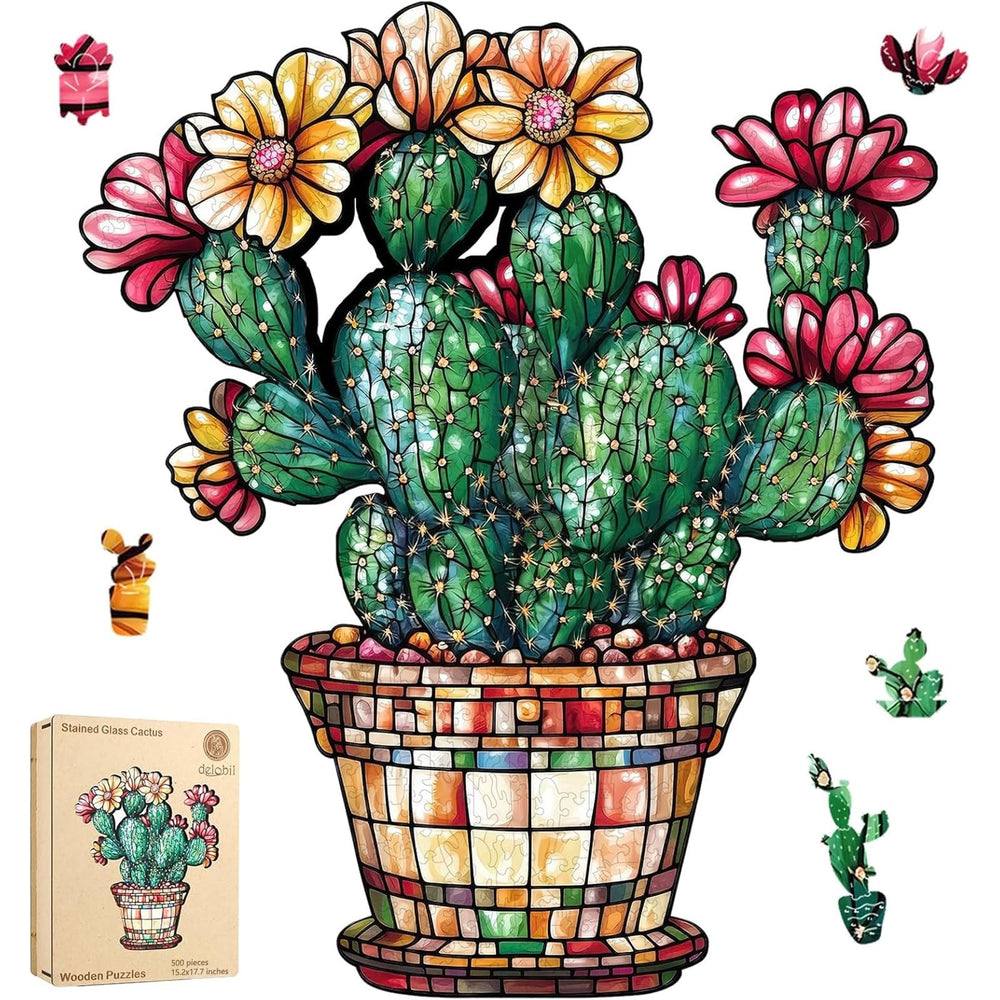Delobil Stained Glass Cactus puzzle top view showcasing vibrant colors