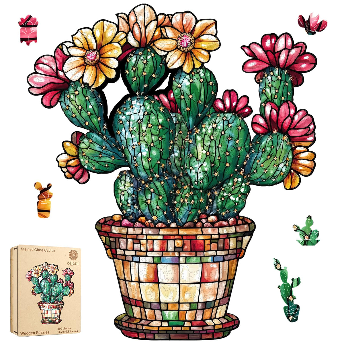 Delobil Stained Glass Cactus puzzle front view for immersive puzzling
