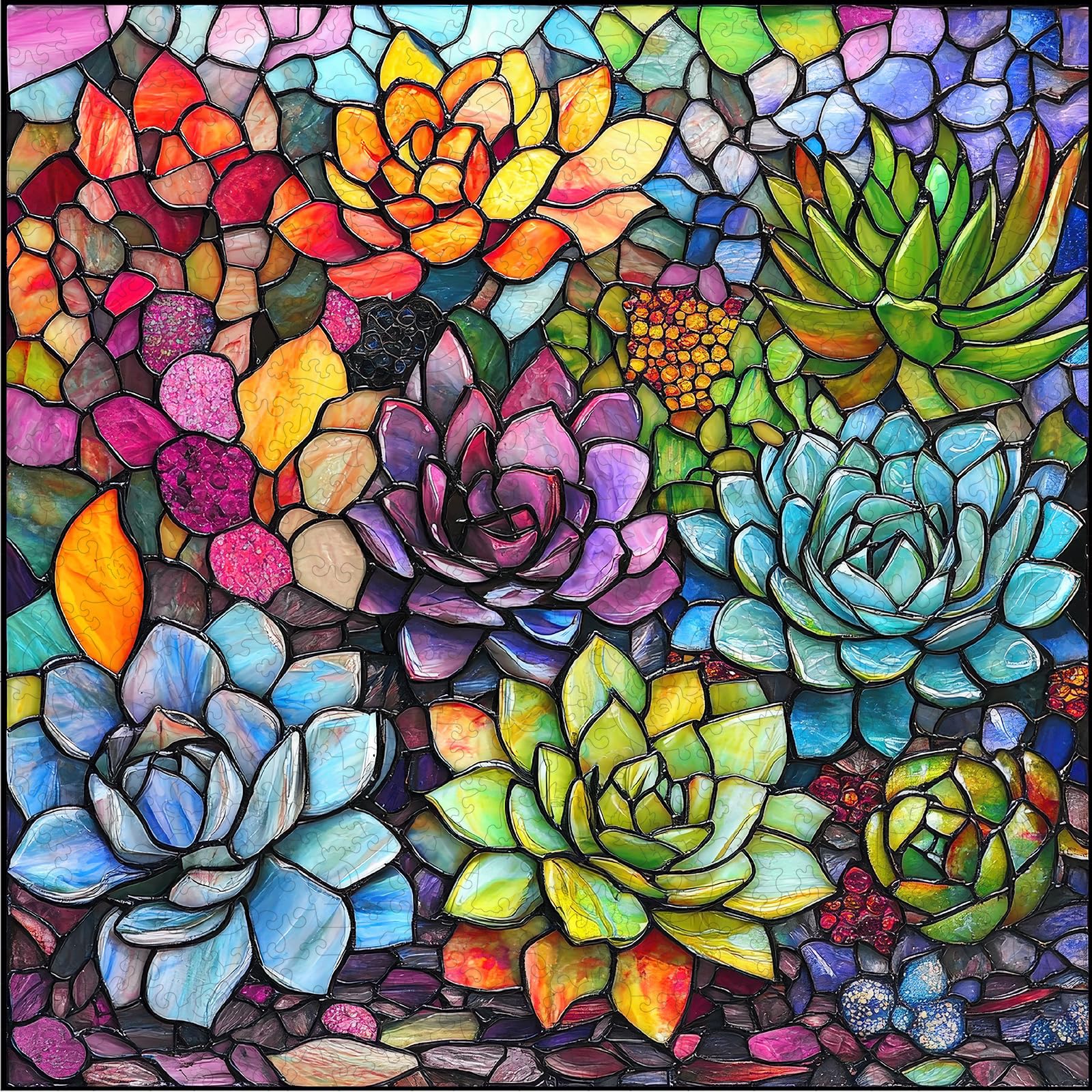 Delobil stained glass puzzle succulent collection engages focus and relaxation with vibrant colors.