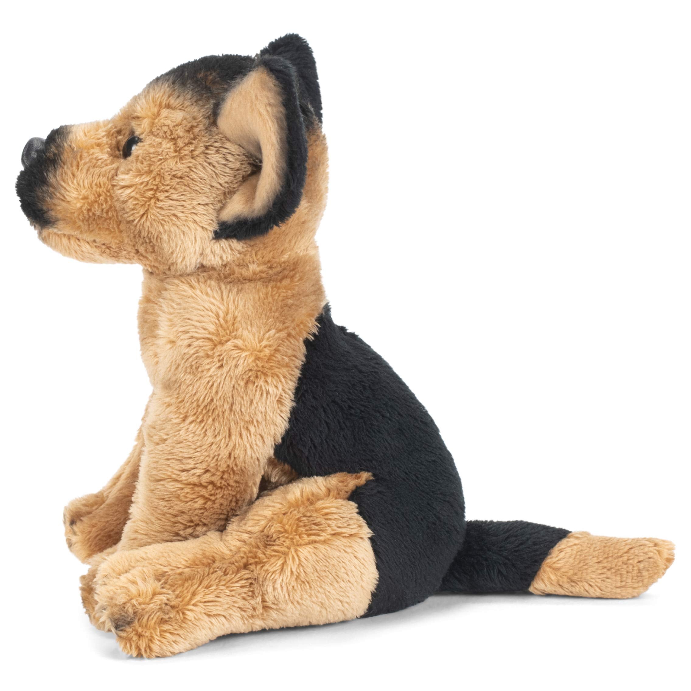 DEMDACO German Shepherd Puppy plush held by child, safe for ages three and up