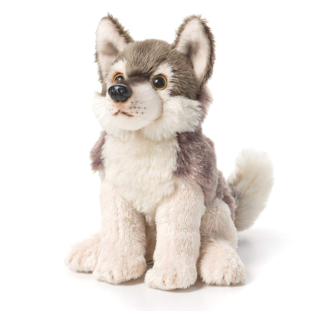 DEMDACO Little Silver Grey Wolf plush face, perfect for gentle cuddles.