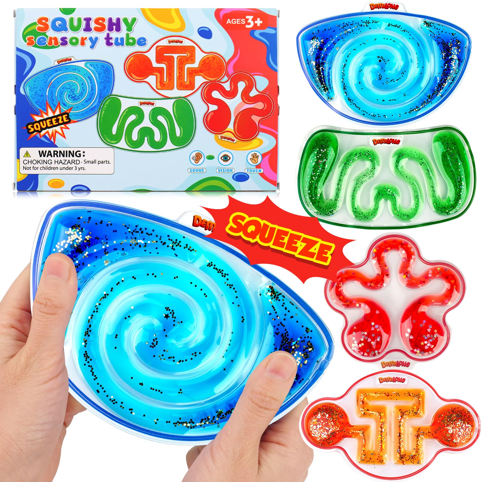 Demilong squishy sensory toys 4-pack front view promotes calm focus during play.