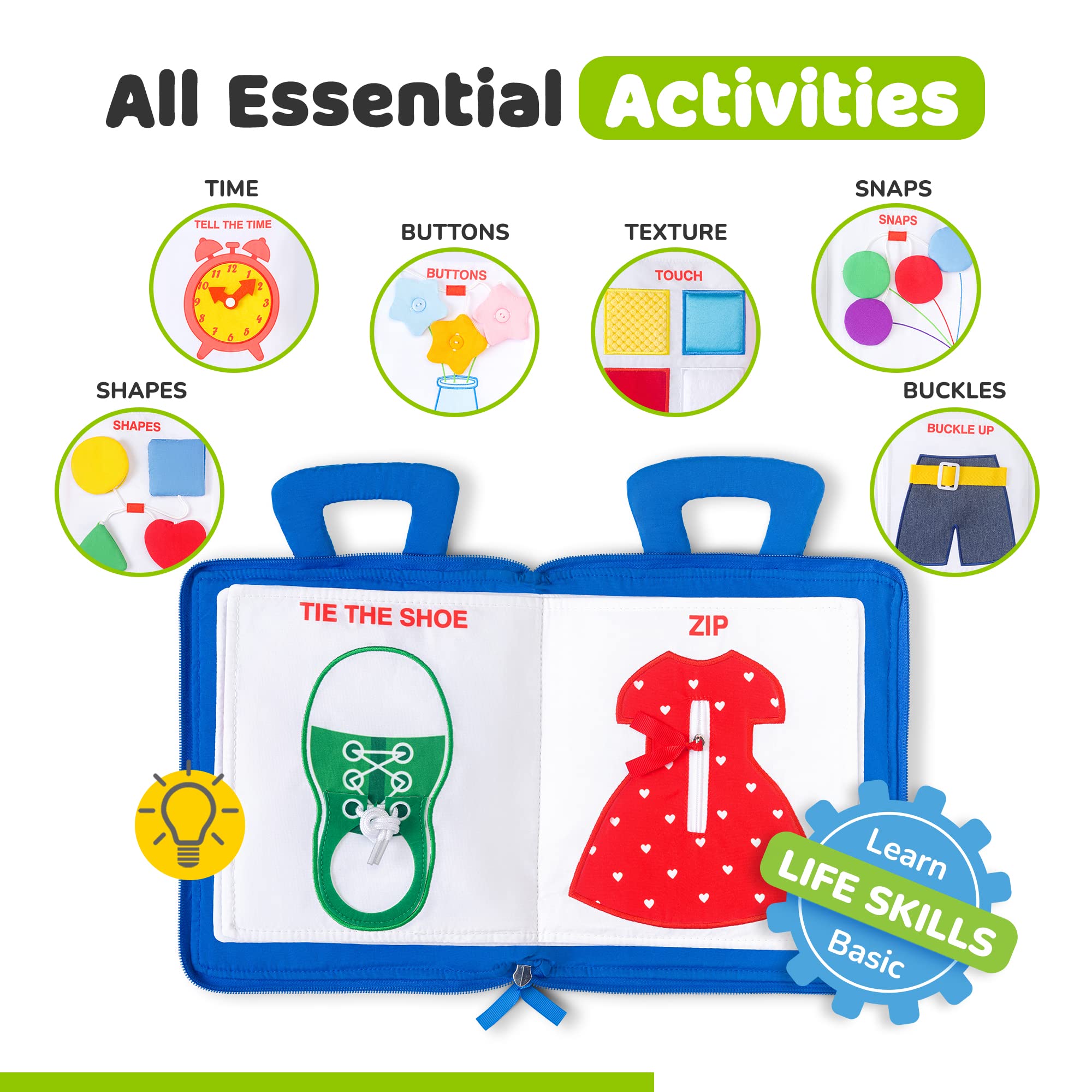 deMoca Busy Book Montessori focus page encouraging independent exploration