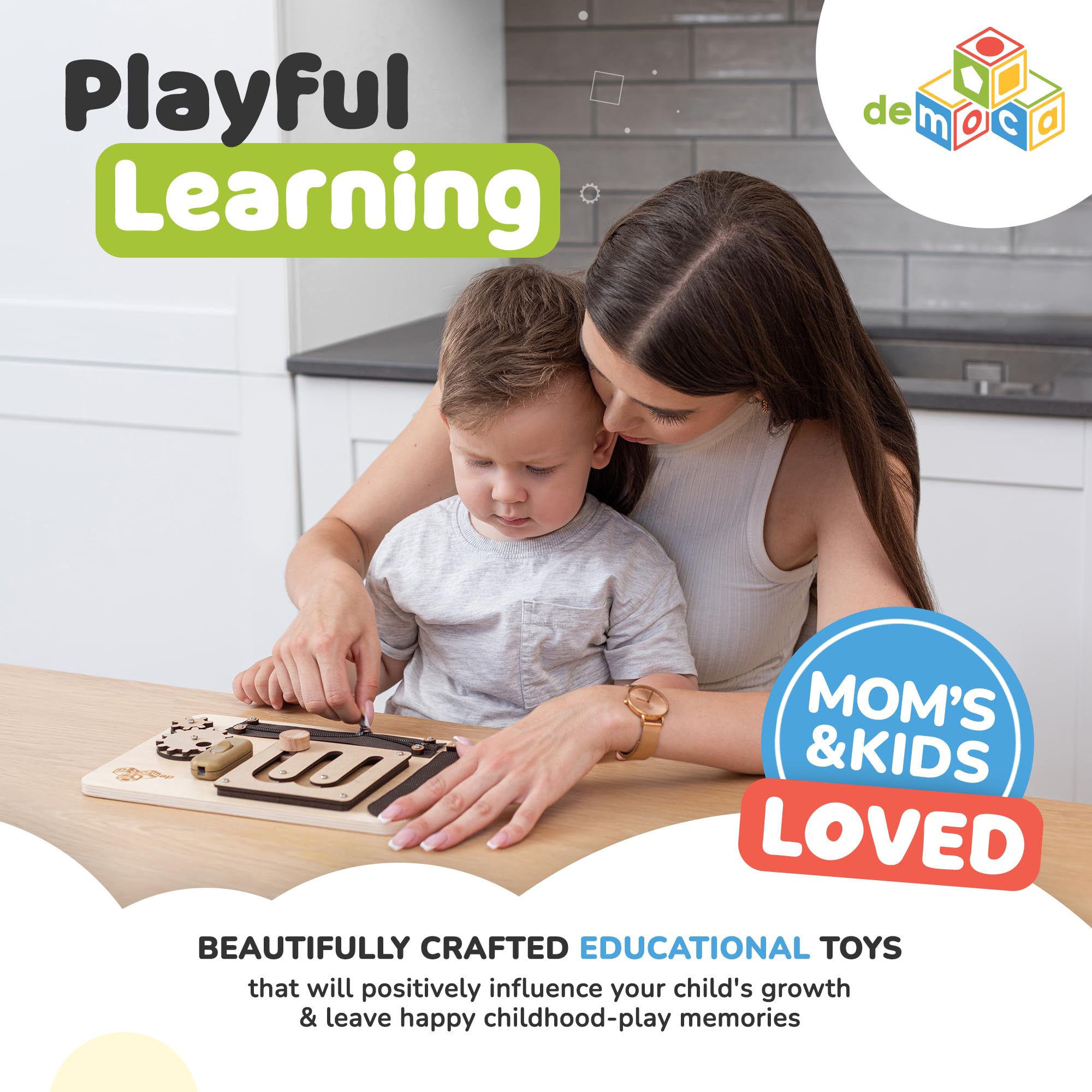 deMoca Sensory Busy Board labyrinth maze fosters concentration and fine motor exploration.