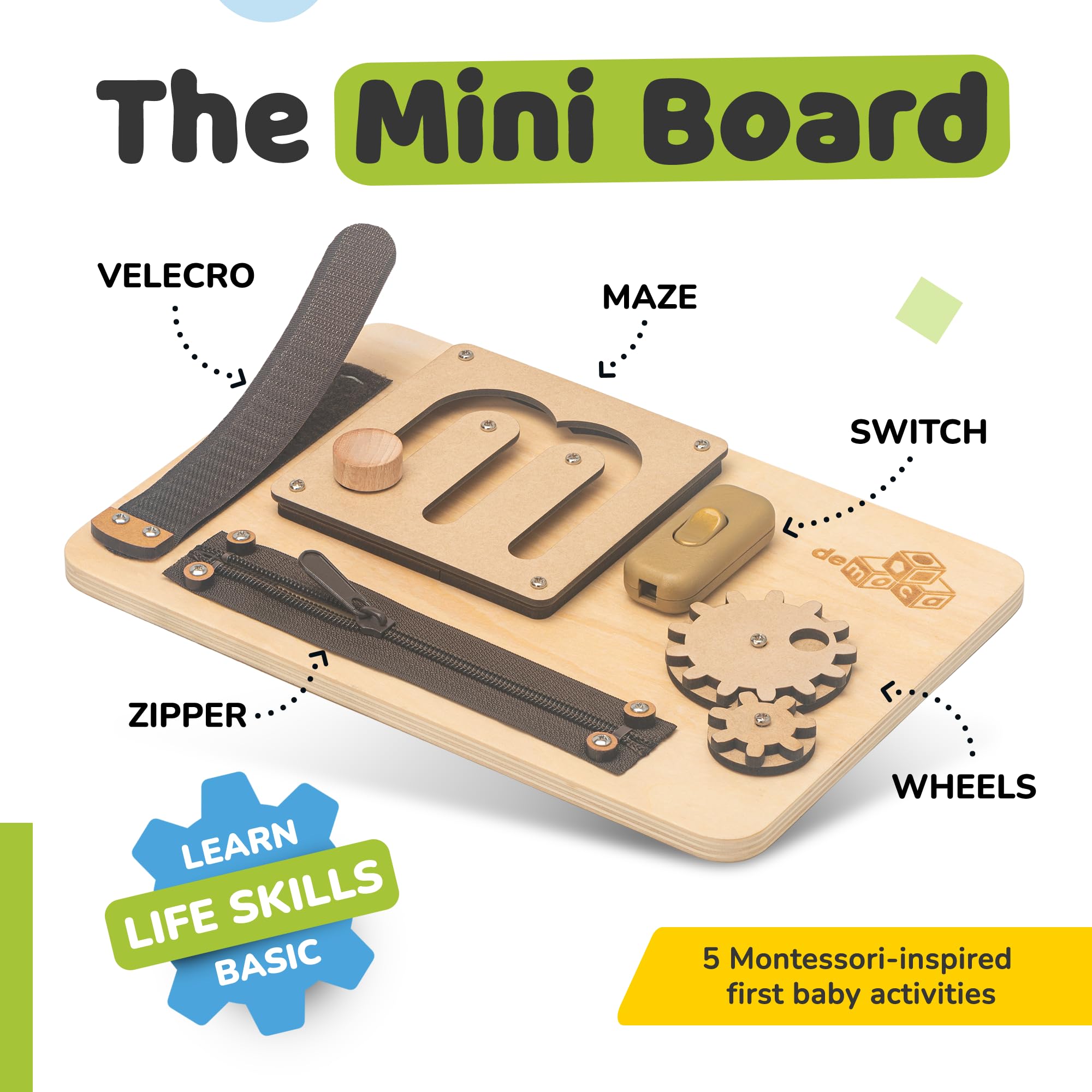 deMoca Busy Board latch and buckle simulate daily tasks for independence.