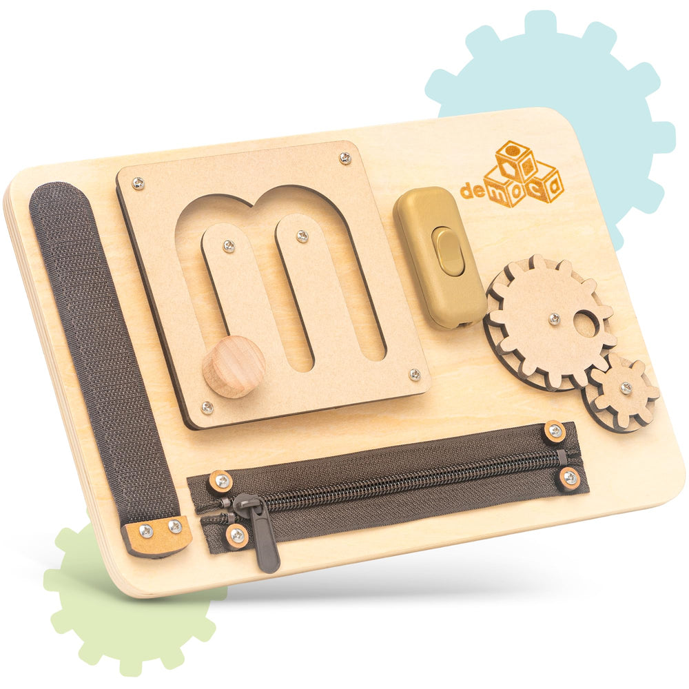 deMoca Sensory Busy Board wooden construction ensures durability and safe play for toddlers.