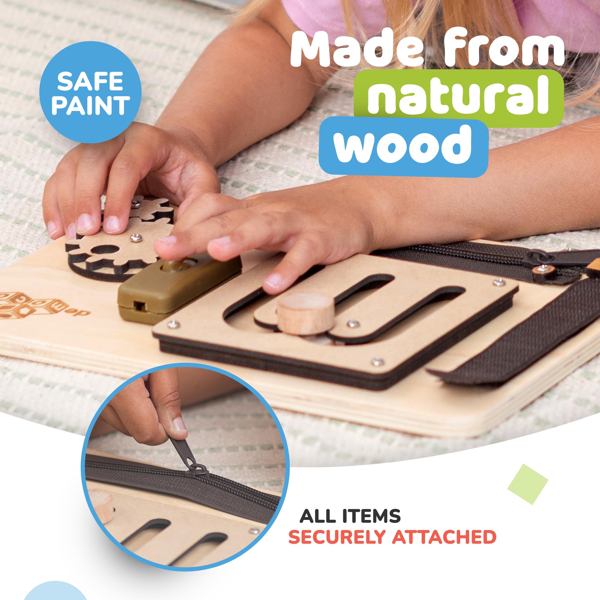 deMoca Sensory Busy Board shoelace threading activity supports lacing skills and dexterity.
