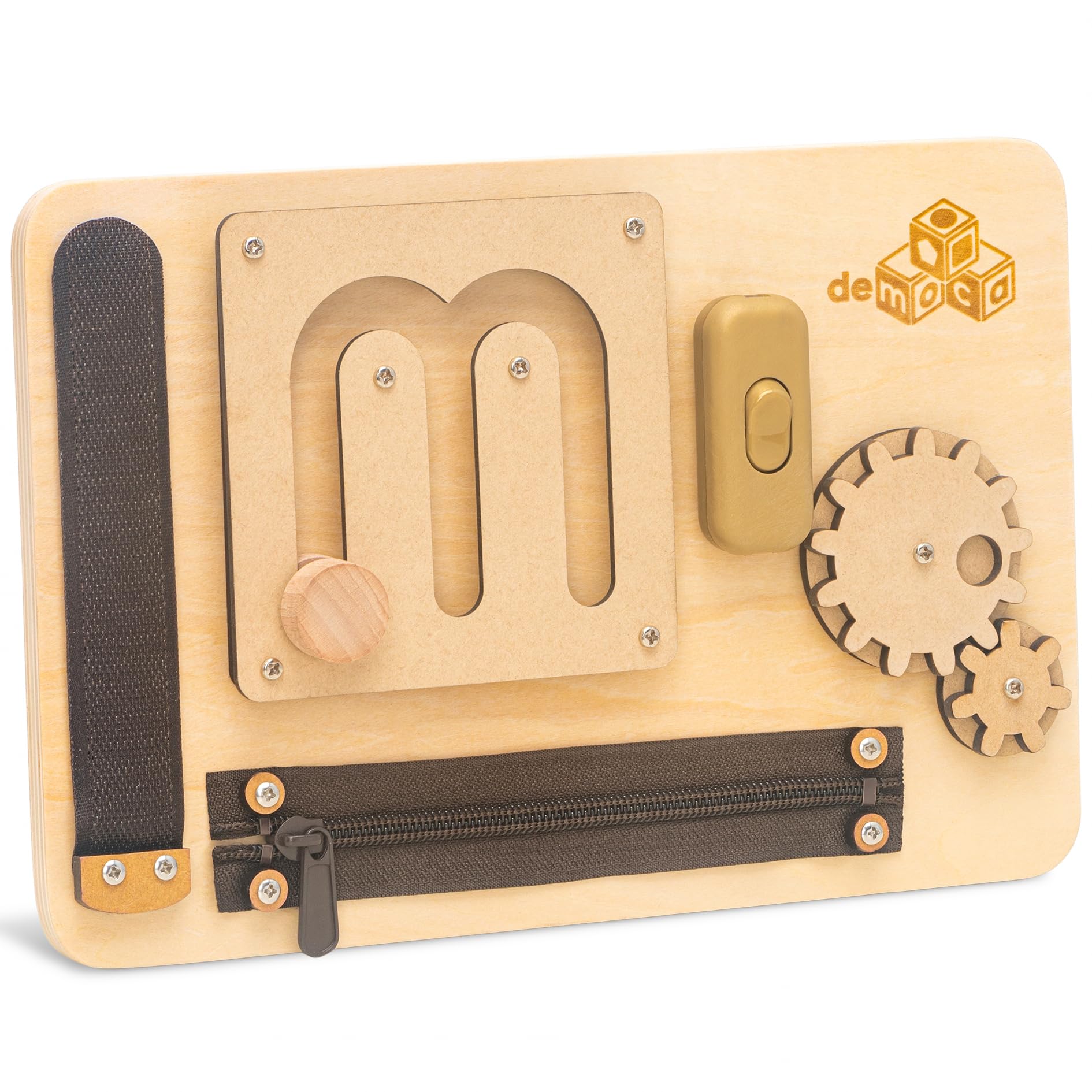 deMoca Sensory Busy Board wooden activities encourage fine motor play at home or travel.