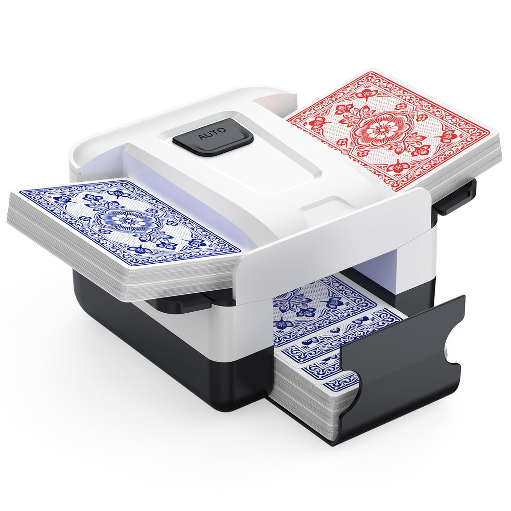 Demolike automatic shuffler, closed-top view, delivers quick, consistent shuffles.