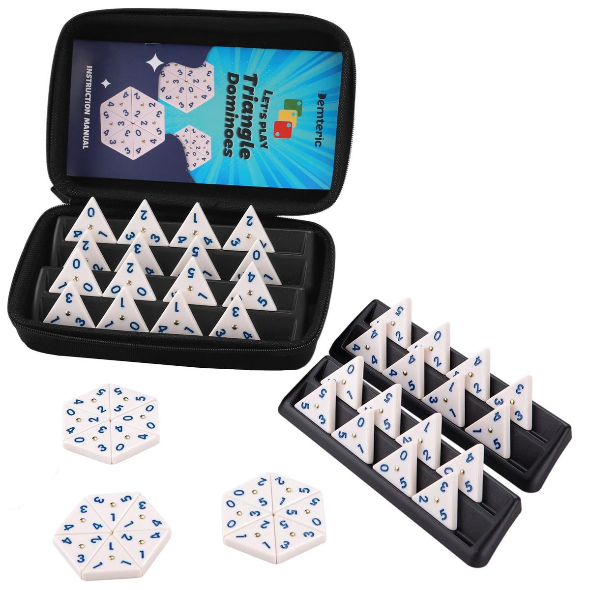 Demteric triangle domino case open, portable travel case for family gaming.