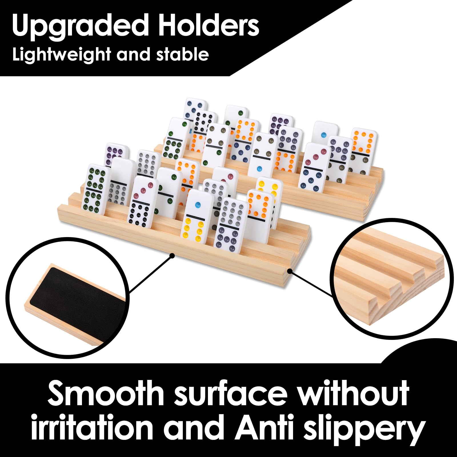 Eight wooden holders securely organize dominoes for quick setup.