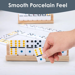 Demteric wooden holders and racks keep tiles organized and stable on the table.