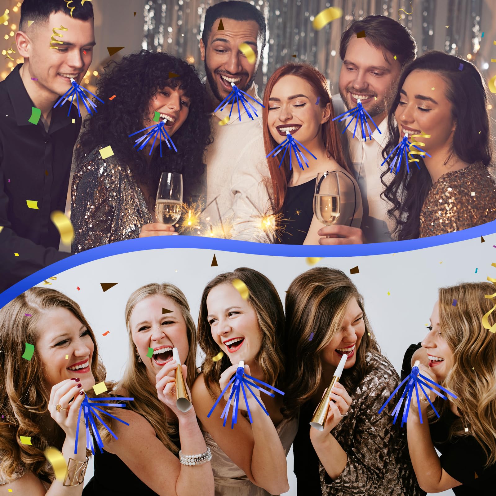 Denylo pro handing out blue tassel-noisemakers at events
